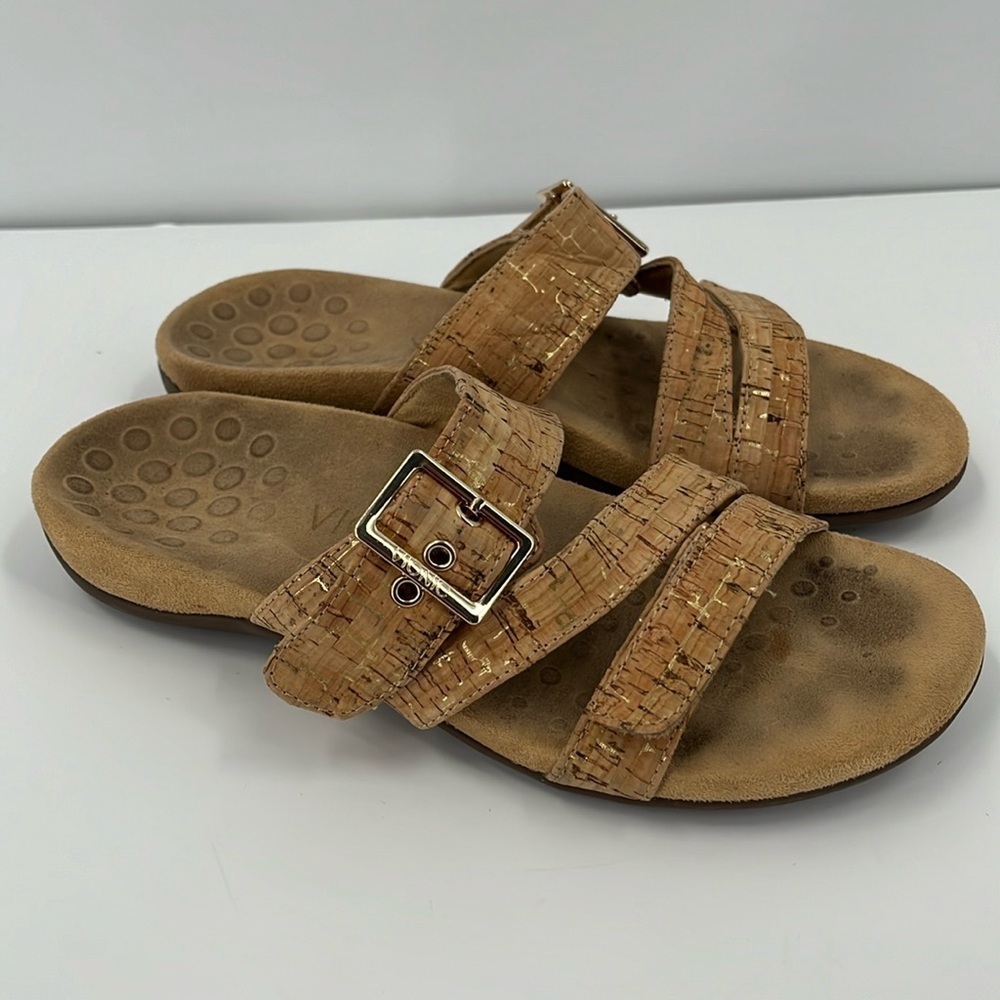Vionic Skylar Cork Wood Grain Orthaheel Comfort Slide Sandals Tan Brown Gold 8